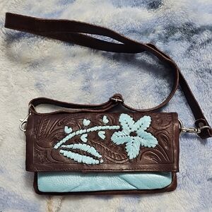 Brown Leather Crossbody Bag with Light Blue Floral Inlay